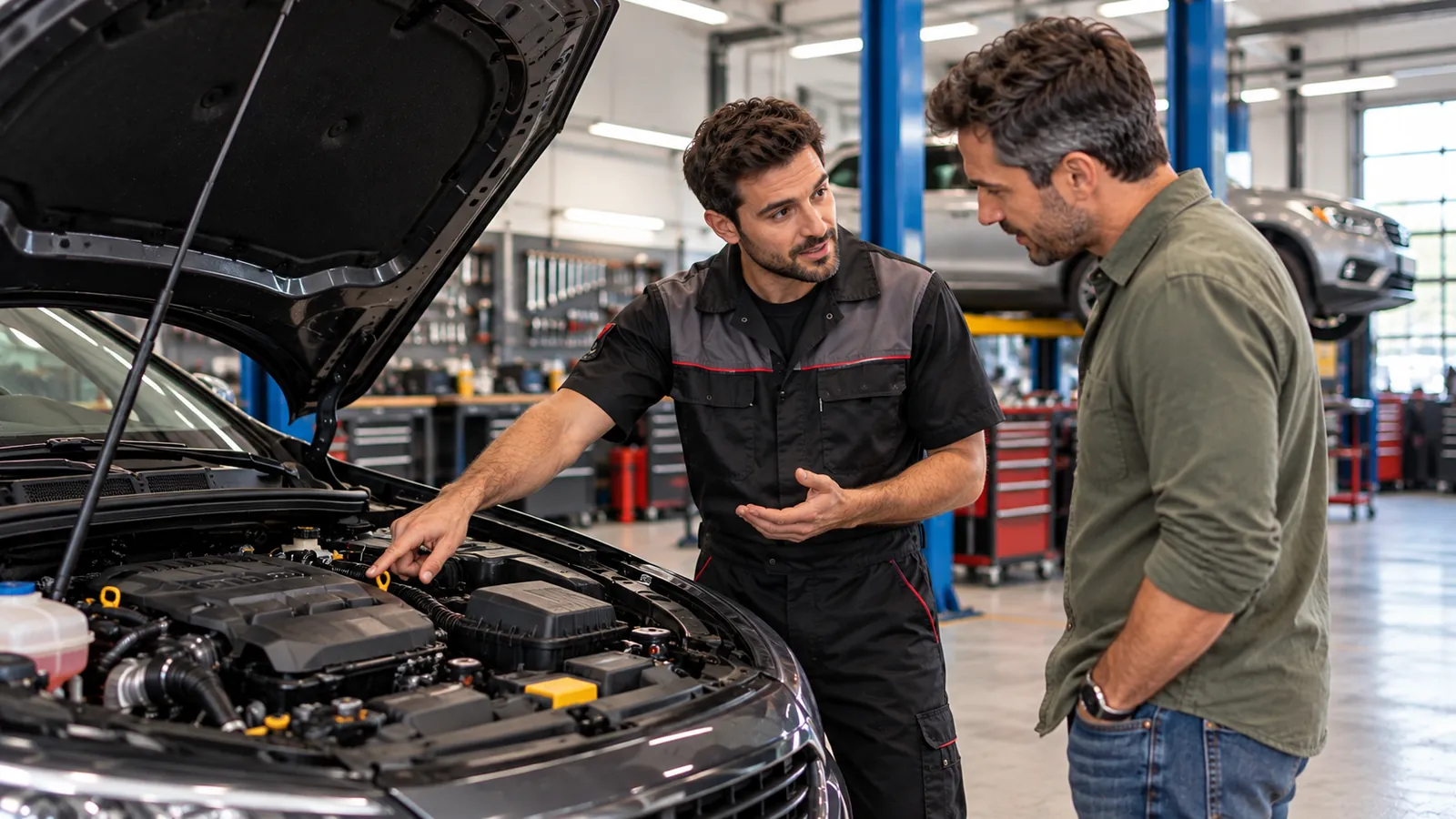 Mecánico mostrándole el motor abierto a un cliente