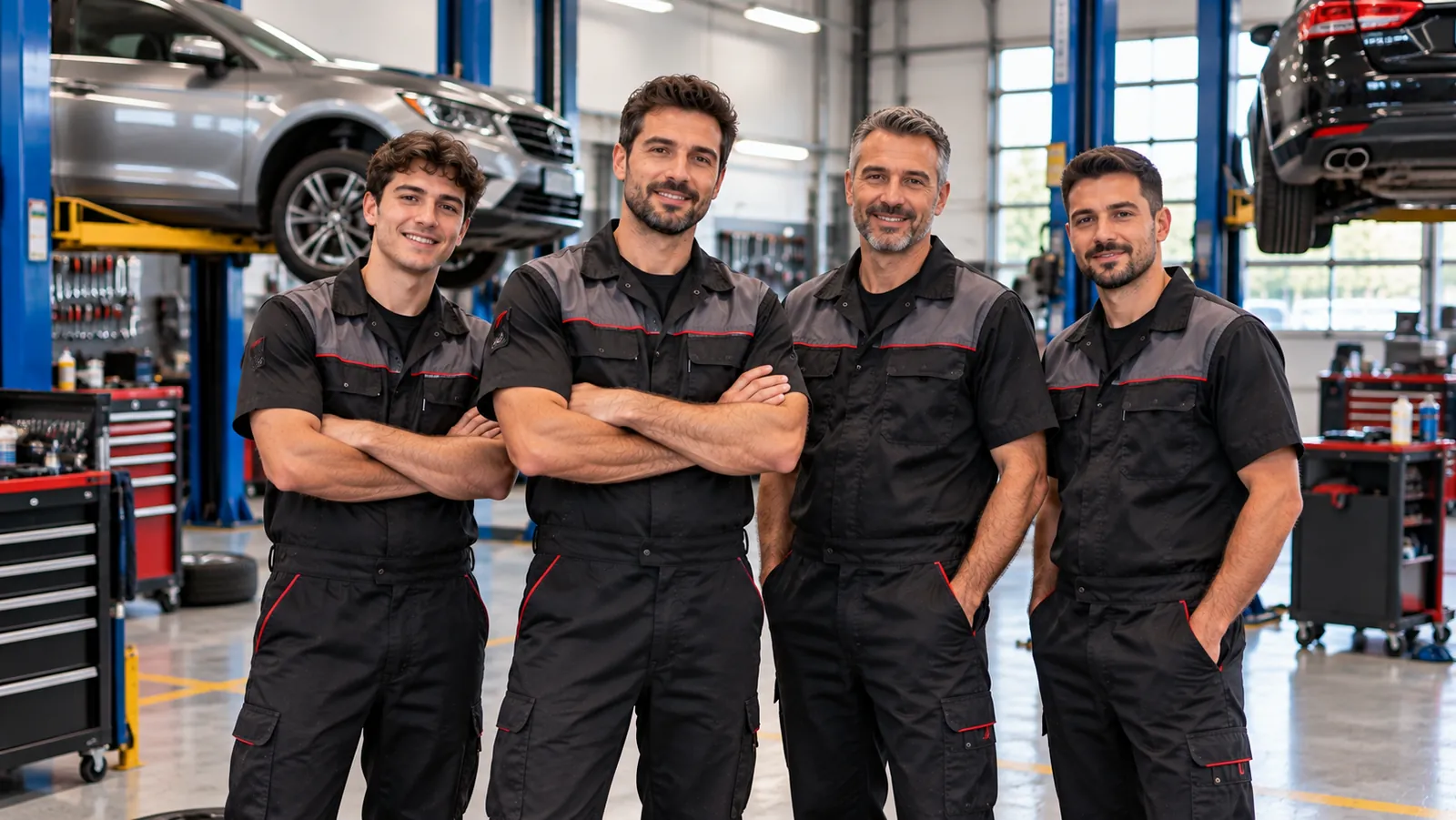 Equipo de cuatro mecánicos con uniforme dentro del taller