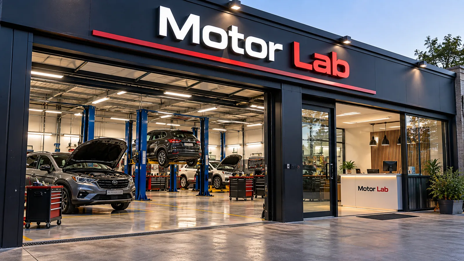 Fachada de MotorLab con el taller abierto y la recepción a la derecha