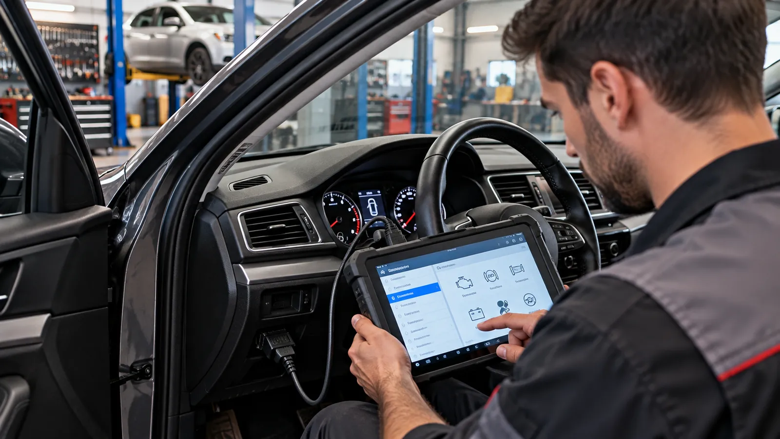 Mecánico usando una tablet de diagnóstico conectada al auto